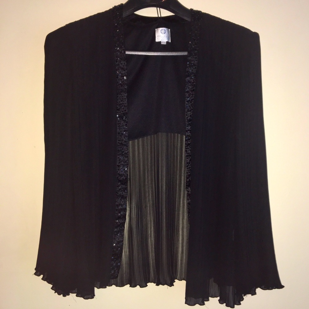 Patra Black Open-Front Pleated Evening Jacket with Sequin Trim